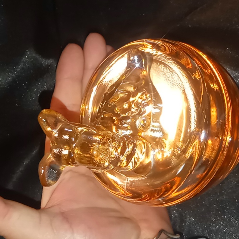 Vintage Indiana glass carnival candy dish Yorkshire terrier marigold
